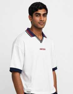 Oneten <b>Men's</b> <b>White</b> <b>Long</b> <b>Sleeve</b> Striped for Shirt Navy Ribbed Collar Front Heat-Transfer Printed Logo Casual Sporty <b>Top</b> - Product Image 2