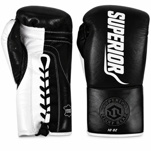 Gants de boxe en cuir de qualité supérieure 10 oz à lacets Noir/Blanc Respirants Légers Imperméables Sangle de poignet réglable Personnalisables - Product Image 1