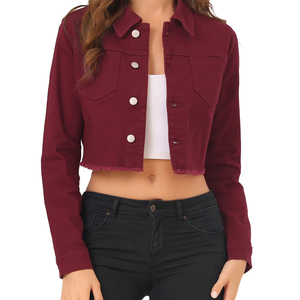 Veste en jean courte pour femme, lavée en machine, style décontracté, manches longues avec poignets boutonnés, veste en jean courte - Product Image 1