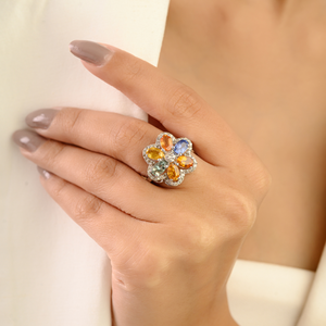 Bague en argent sterling pur massif avec cluster de saphirs floraux multi-colorés, bijoux fins pour femmes, vente directe d'usine - Product Image 2