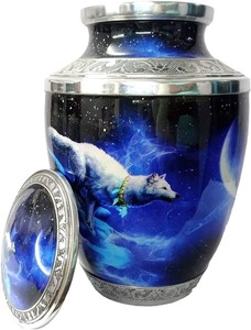 Urna Funeraria Grande de Aluminio Plateado para Mascotas con Lobo Ulugando y Luna Creciente Grabados, Urna Conmemorativa con Tapa - Product Image 5