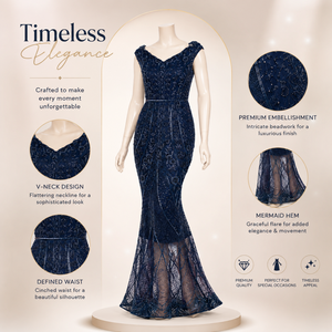 Luxury Navy Blue Beaded Mermaid Evening Gown for Women V Neck Sleeveless Formal Party Wedding Reception Prom Cocktail Maxi Dress - Product Image 5