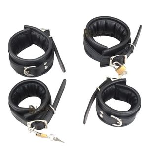 Black <b>Leather</b> <b>Wrist</b> And Ankle <b>Cuffs</b> With Padding And Metal Chains For Secure Restraint - Product Image 2