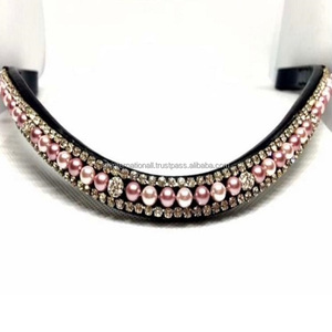 สายคาดคิ้วหนังแท้สีน้ำตาลหรือสีดำพร้อมดีไซน์แบบ3แถวสีชมพูไข่มุกและคริสตัล - Product Image 1