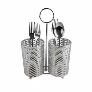 Silver Metal Double Tier Utensil <b>Caddy</b> Cylinder Shape Rust Resistant <b>Kitchen</b> Storage Rack Minimalist Design Standing Type <b>Caddy</b> - Product Image 1