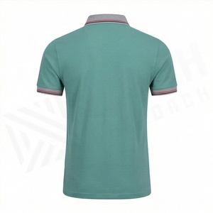 Polo en piqué de coton uni pour homme, manches courtes, décontracté, respirant, tissu tricoté, coupe classique, vert avec col à bordure grise - Product Image 2