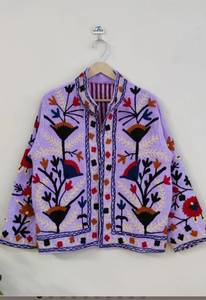 Tela TNT Morada con Bordado Suzani, de Secado Rápido, Bordado a Mano, Motivo de Granada, Estilo Boho para Mujer, Trabajo con Hilo Grueso, Frente Abierto Regular - Product Image 3