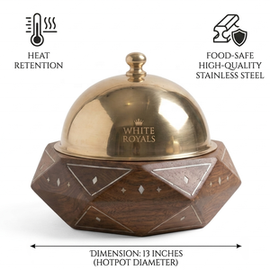Olla octogonal de madera con incrustaciones y tapa de acero inoxidable en tono latón, calentador de alimentos geométrico con nácar - Product Image 4