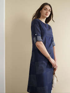 Navy Blue Dot Pattern Three Quarter Sleeve Midi <b>Dress</b> Crew Neck Loose Fit Woven <b>Viscose</b> Casual Daily Wear Straight Hem Beautiful - Product Image 2