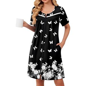 Robe d'été florale bohème pour femmes, à fermeture éclair, manches courtes, légère, douce, avec poches - Product Image 1
