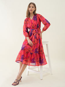 Vestido Rojo con Estampado Floral, Corte Ajustado y Evase, Ideal para Uso Casual, Fiestas y Uso Diario, Cómodo, a Precio de Mayoreo - Product Image 5