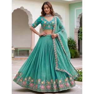Women's Sea Green Floral <b>Embroidery</b> Organza Lehenga Choli <b>Set</b> with Dupatta - Product Image 5
