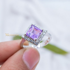 Wholesale 925 Solid <b>Sterling</b> <b>Silver</b> Natural Princess Cut Amethyst CZ Halo Prong <b>Set</b> <b>Ring</b> Fine Jewelry Memoria Jewels - Product Image 2