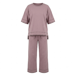 Custom Women Oversized Lounge Set Cotton Polyester Two Piece Tracksuit Casual T Shirt Wide Leg <b>Pants</b> Matching Set <b>Summer</b> Relaxed - Product Image 1