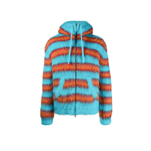 Fashion Casual Mohair Fuzzy <b>Men</b> Knit <b>Cardigan</b> Sweater Custom Knitted Striped <b>Men's</b> Hooded Sweater - Product Image 4