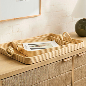 Minimalist Natural Rattan Serving Tray Set with Handles, Handwoven <b>Wicker</b> Decorative Trays for <b>Coffee</b> <b>Table</b> - Product Image 1