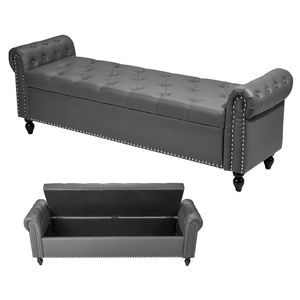 Panca contenitore moderna con bottoni trapuntati, braccioli arrotolati, in pelle PU e gambe in legno massello, per ingresso e seduta domestica - Product Image 1