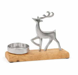 Luxury Silver Metal Reindeer Candle <b>Holder</b> With Natural Wooden Base Modern Christmas <b>Tealight</b> <b>Holder</b> & Festive Table Centerpiece - Product Image 2