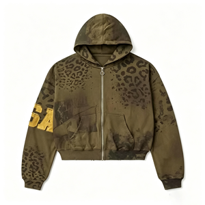 Men's Vintage Leopard Print <b>Zip</b> Up <b>Hoodie</b> Applique Letter Hooded Sweatshirt with Kangaroo <b>Pocket</b> - Product Image 6