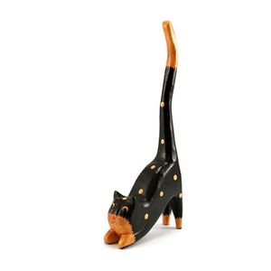 Figurine de chat artisanale en bois d'albizia noir avec des points bruns, queue levée, pose en saut, décoration rustique pour la maison, statues d'animaux, ornement, cadeau - Product Image 1