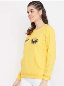 Sweat-shirt jaune à col rond pour femme avec motif d'yeux de dessin animé brodés, coupe classique, manches longues, en coton tricoté, pour l'automne - Product Image 1
