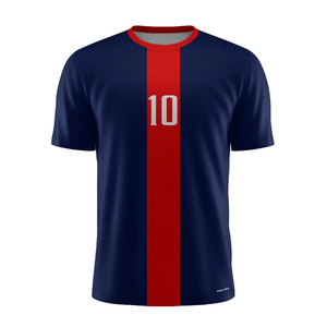 Maillot de football personnalisé pour homme, numéro 10, bleu marine, rayures rouges, manches courtes, tissu respirant, coupe classique pour adulte - Product Image 1