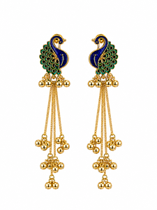 Boucles d'oreilles pendantes bohèmes cachemiriennes Paon pour femme, longues chaînes plaquées or 18 carats, émail, bijoux ethniques indiens, vente en gros - Product Image 1