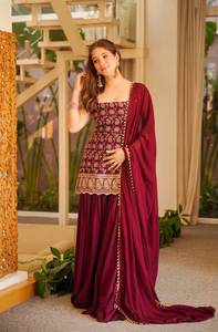 Salwar Kameez en soie brodée marron, longueur ras du sol, tenue de mariage traditionnelle avec dupatta pour femmes, style Inde Pakistan - Product Image 3