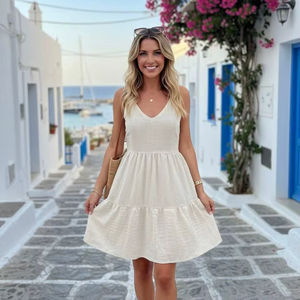 Abrace la elegancia veraniega sin esfuerzo con este impresionante minivestido beige con volantes, sin mangas, con cuello en V y corte en A que realza la figura. - Product Image 1