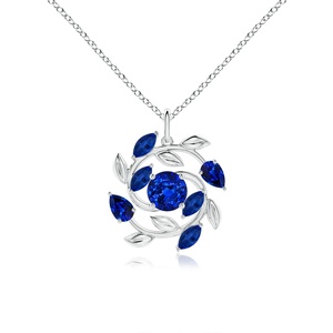 Pendentif en or 14 carats 5,15 g avec saphir bleu naturel rond et taille marquise de 1,67 ct, motif branche d'olivier, collier pendentif multi-pierres, bijoux fins - Product Image 1