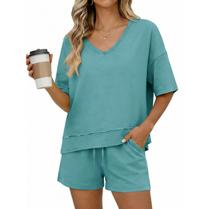 Custom Own Design Oversize T Shirt And Shorts Women French Terry Distressed Oversized Daily To Wear Women's <b>Sets</b> Custom Logo - Product Image 1