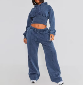 Custom Plus Size Cropped Long Sleeve Tracksuit Hip Hop Acid Wash Sweatshirts OEM Women's Streetwear High Waist Cropped Pullover - Product Image 1