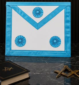 French Rite 3 Rosettes <b>Apron</b> Premium Handmade Masonic Regalia <b>White</b> Lambskin Sky Blue Moire Ribbon Gold Embroidery OEM ODM - Product Image 1