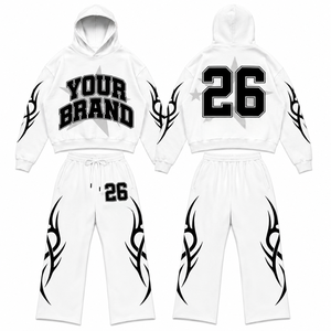 Conjunto de Sudadera con Capucha Blanca Extra Grande y Pantalones Deportivos con Estampado de Llamas Tribales, Traje de Dos Piezas Estilo Urbano Unisex - Product Image 1
