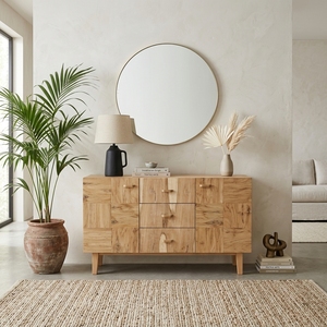 Buffet moderne en bois massif naturel, motif patchwork, 3 tiroirs, 2 armoires, console multimédia pour salon - Product Image 3