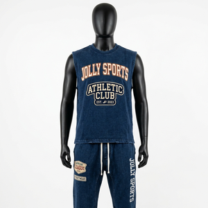 Heavyweight 220 GSM Washed Cotton Sleeveless T Shirt And Jogger <b>Pants</b> Dark Blue Streetwear Custom Logo T shirt and <b>pant</b> men's - Product Image 4