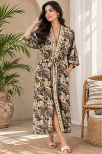 Robe longue à col en V imprimé Paisley, manches trois quarts, fermeture à cordon, respirante, en satin de soie et coton, écologique - Product Image 6