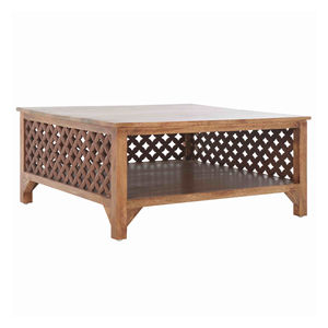Mesa de Centro de Madera de Mango Sólida con Estante, 36 Pulgadas, Acabado Marrón Rústico, Mesa de Sofá con Tallado Geométrico para Sala de Estar - Product Image 2