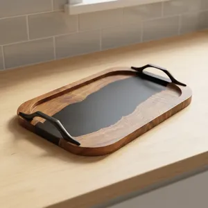 Plateau rectangulaire en bois et résine de luxe, avec poignées noires, design minimaliste, vaisselle de cuisine durable au meilleur prix - Product Image 1