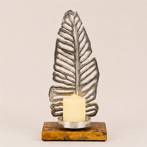 Handcrafted Silver Metal <b>Leaf</b> Pillar Candle Holder With Natural Mango Wood Base For Tabletop Living Room Decor & Wedding - Product Image 3