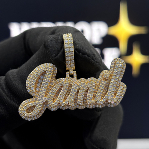 Personalized Double Layer <b>Name</b> Pendant 925 Sterling Silver VVS Moissanite Iced Script Hip Hop Unisex <b>Necklace</b> Yellow Gold - Product Image 1