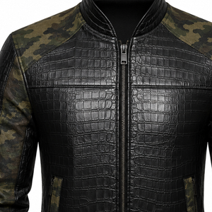 <b>Mens</b> Black Crocodile Embossed Faux <b>Leather</b> <b>Jacket</b> with Camouflage Sleeves OEM ODM Custom Logo Private Label Wholesale Outerwear - Product Image 5