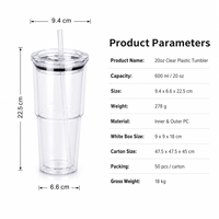 Gobelet isotherme transparent en plastique de 20 oz avec couvercle et paille, sans BPA, double paroi en PC, en stock, cadeau promotionnel, emballage carton