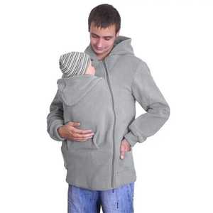 Sweat-shirt à capuche zippé pour homme, coupe classique, gris, avec poche porte-bébé, en polaire, décontracté, pour l'hiver, 100% coton, pull-over. - Product Image 1