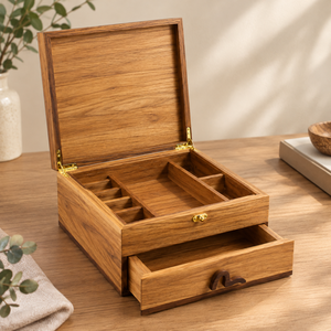 Premium Wooden Jewelry Organizer <b>Box</b> with Drawer, Custom Solid Wood Jewelry <b>Storage</b> Case with <b>Hinged</b> <b>Lid</b> - Product Image 3