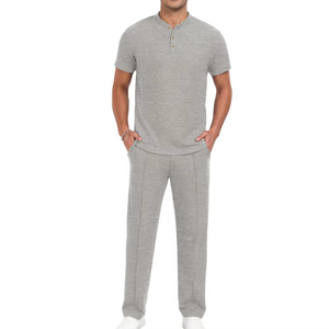 Men's Gray Short Sleeve Button Up Collar T-Shirt With Matching <b>Pants</b> Solid Color Casual Wear Summer Lightweight Cotton Tracksuit - Product Image 2