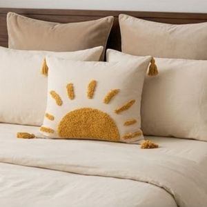 Sun Embroidery <b>Throw</b> Pillow Square Bohemian Style Decorative Cushion with Tassels Yellow and <b>White</b> Cotton Cover For Bulk Supply - Product Image 3