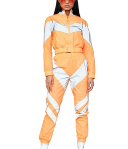 Y2K Color Blocked Jumpsuit <b>Women</b> Full Sleeve Zipper Stand Collar Orange White Contrast Sporty Outfit Spring Fashion - Product Image 1