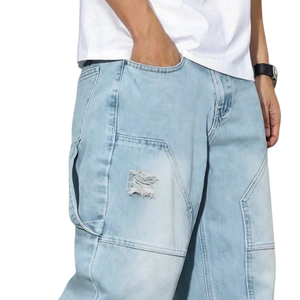 Mens <b>Light</b> Blue Carpenter Jeans Loose Fit Straight Leg Distressed Denim Pants Casual Workwear Streetwear Style Washed 100% - Product Image 3