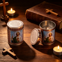 Contenants ronds en fer blanc personnalisés avec logo, style antique religieux, pour bougies, cadeaux de baptême, événements religieux et fêtes